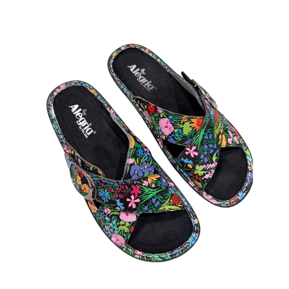 Alegria EU 40 US 9.5 Floral Print Black Leather Slide Summer Sandals - Picture 3 of 6